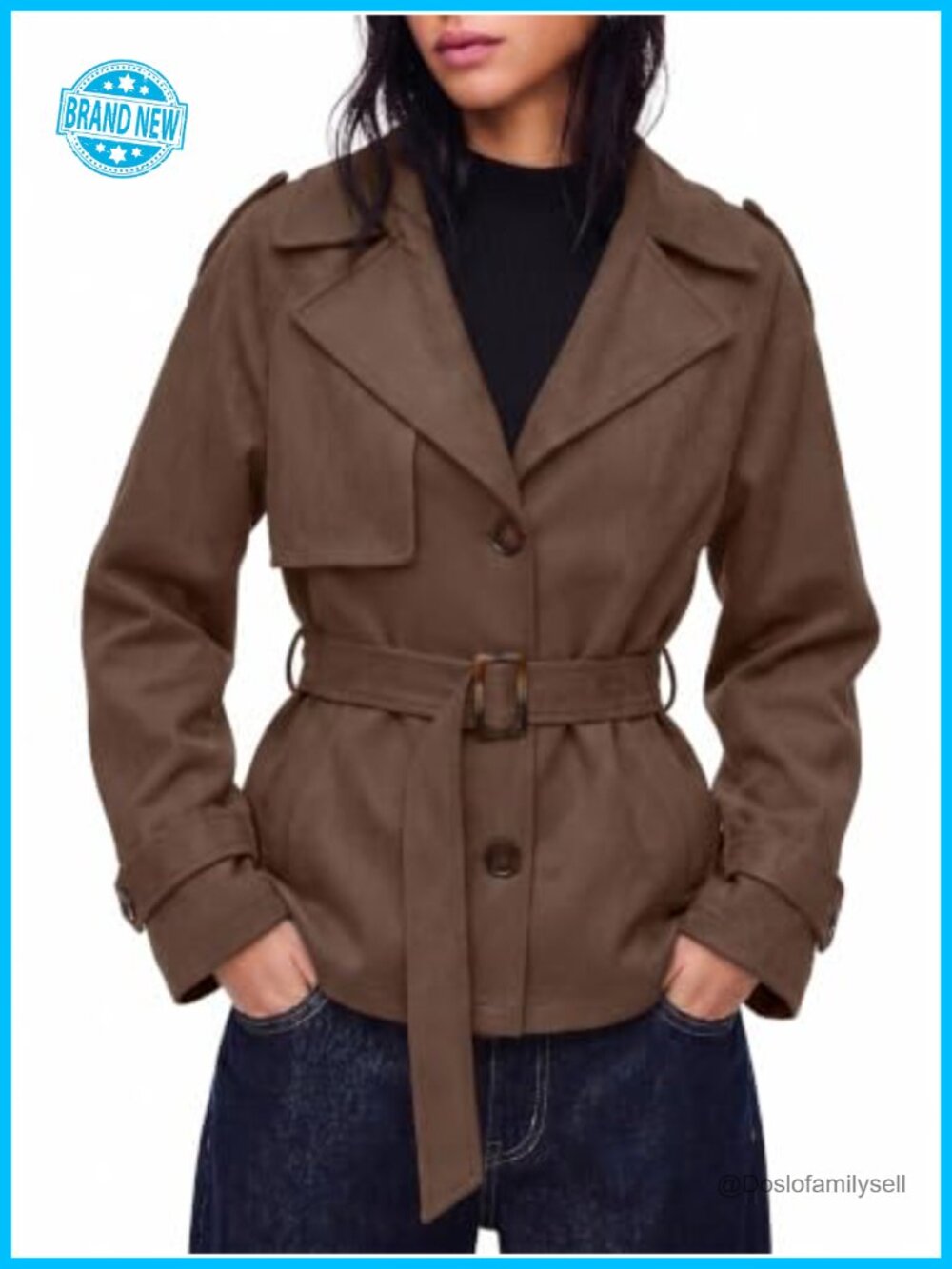 Faux Suede Short Trench Coat with Belt Button Down Lapel Women's